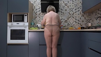 Curvy Wife In Nylon Pantyhose Offers Breakfast In A Steamy Kitchen Scene